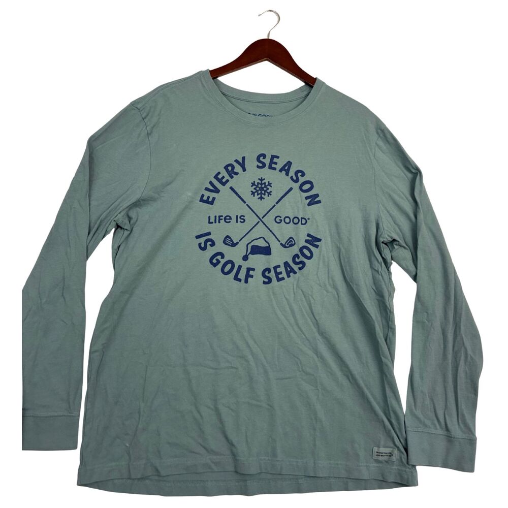 Life is Good Crusher Tee Mens XL Golf Season Long Sleeve Blue Green Cotton Shirt